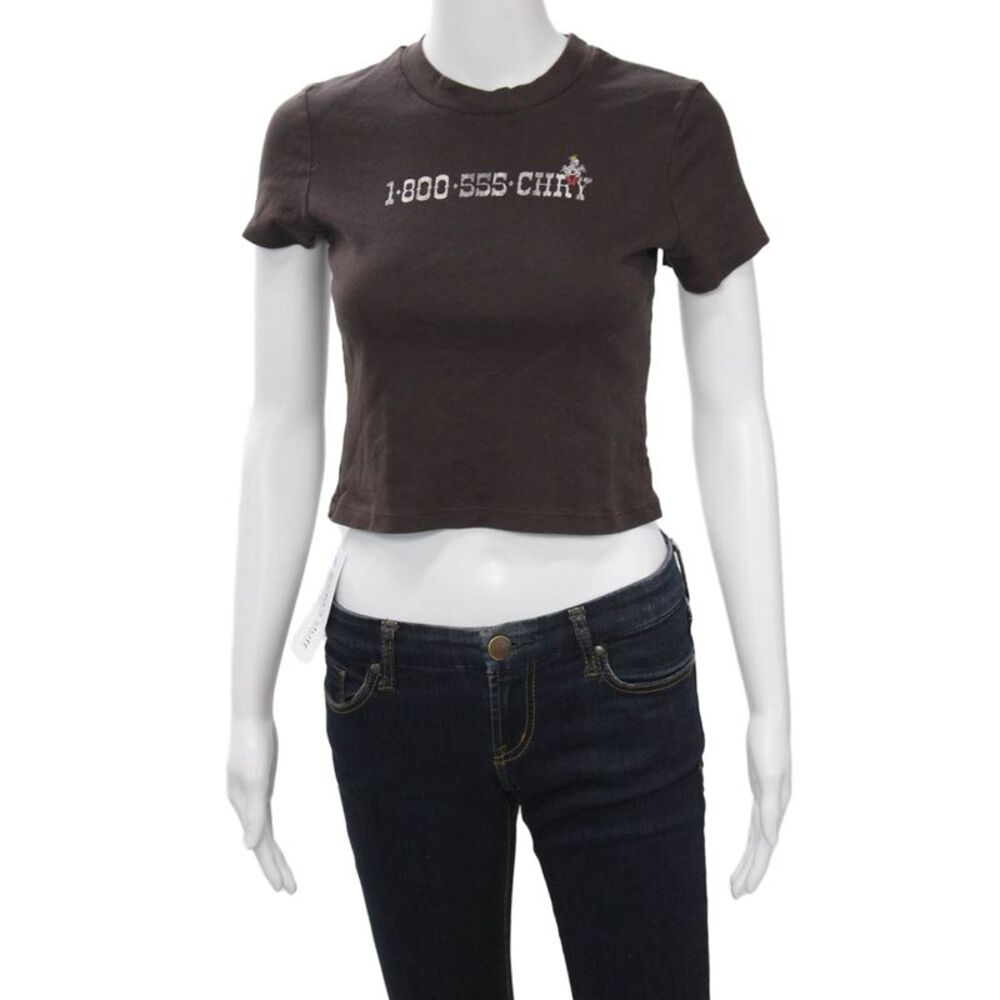 Cherry Women Cropped Graphic Brown Cotton Crew Neck Short Sleeve T-Shirt Size S